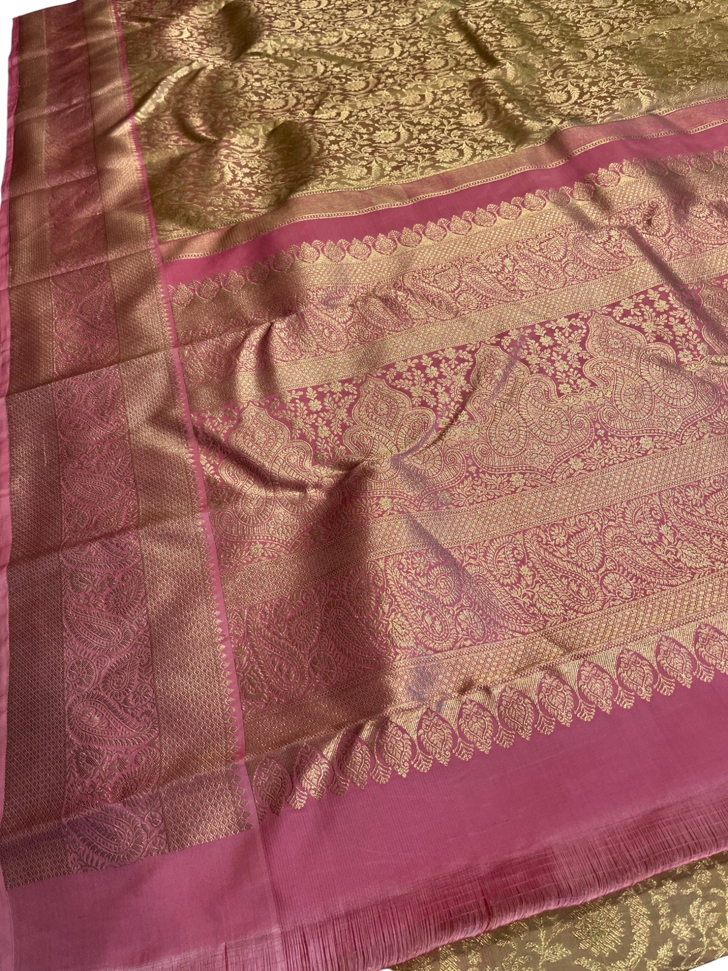 Southloom Premium Handloom Bridal Kanchipuram Silk Saree with Korvai Work (Beige & Pink)
