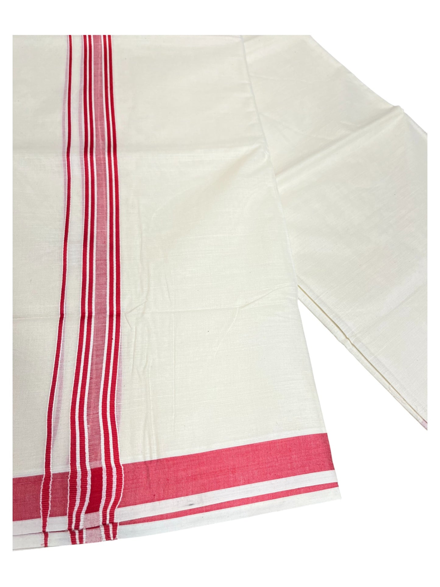 Southloom Pure Cotton Double Mundu With White Lines & Red Border (South Indian Kerala Dhoti)