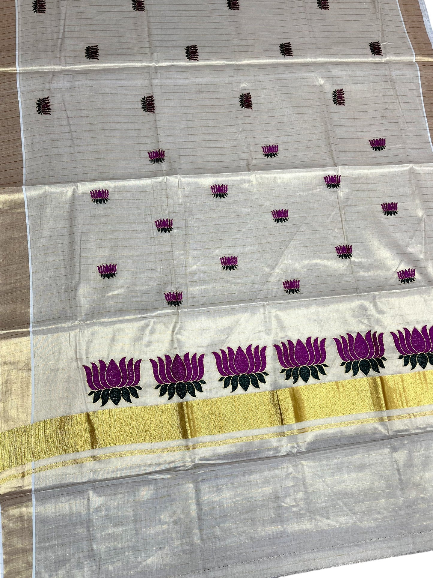Southloom Kerala Tissue Lines Kasavu Saree with Purple And Green Lotus Embroidery Works