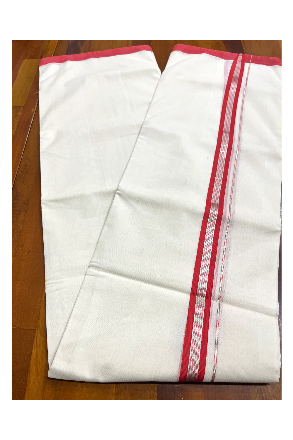 Premium Balaramapuram Handloom Unakkupaavu Cotton Double Mundu with Silver Kasavu and Peach Border