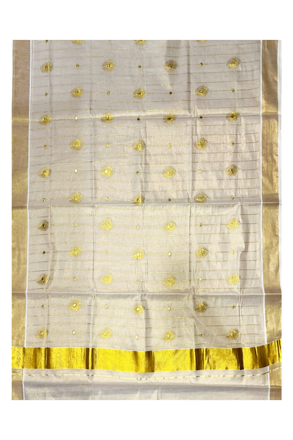 Kerala Tissue Kasavu Lines Saree with Feather Embroidary Works On Body