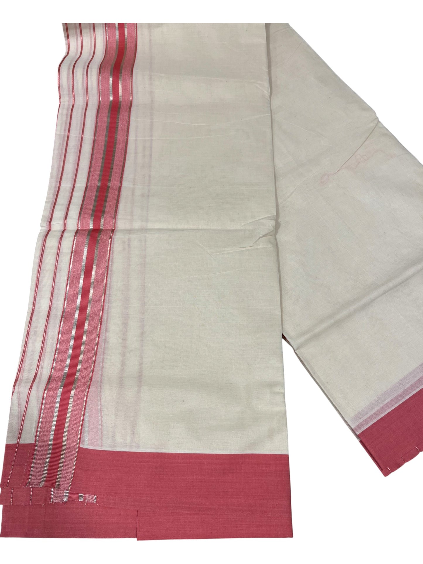 Southloom Kerala Pure Cotton Double Mundu with Pink And Silver Lines Border (South Indian Dhoti)