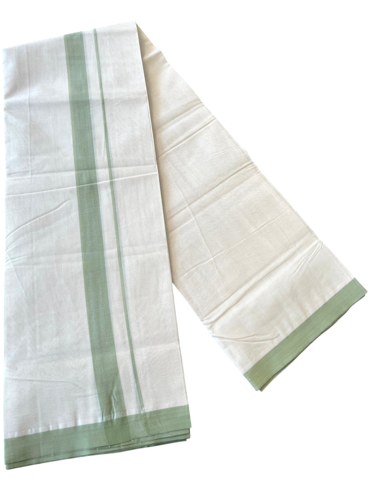 Southloom Kerala Pure Cotton Double Mundu with Pastel Green Border (South Indian Kerala Dhoti)