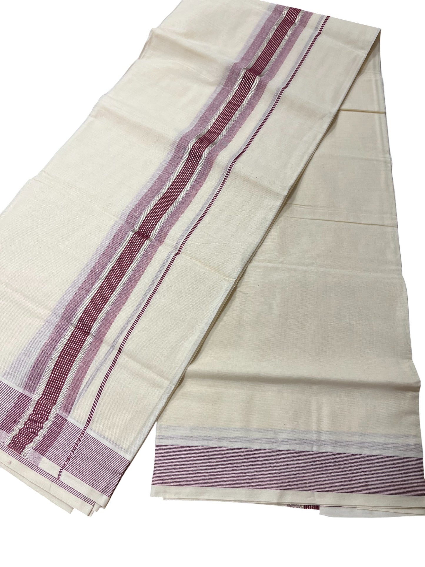 Southloom Kerala Pure Cotton Double Mundu with Silver Lines & Purple Border (South Indian Dhoti)