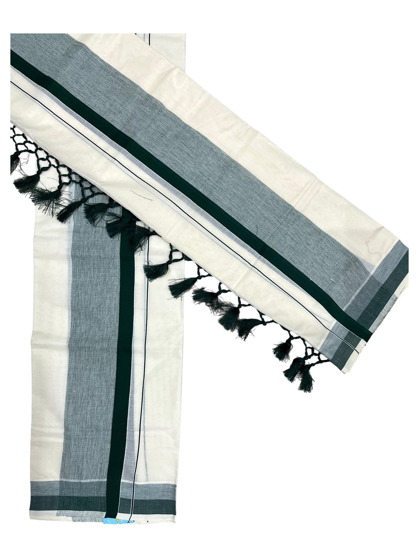 Southloom Kerala Cotton Mundum Neriyathum Single (Set Mundu) with Green Border 2.80 Mtrs