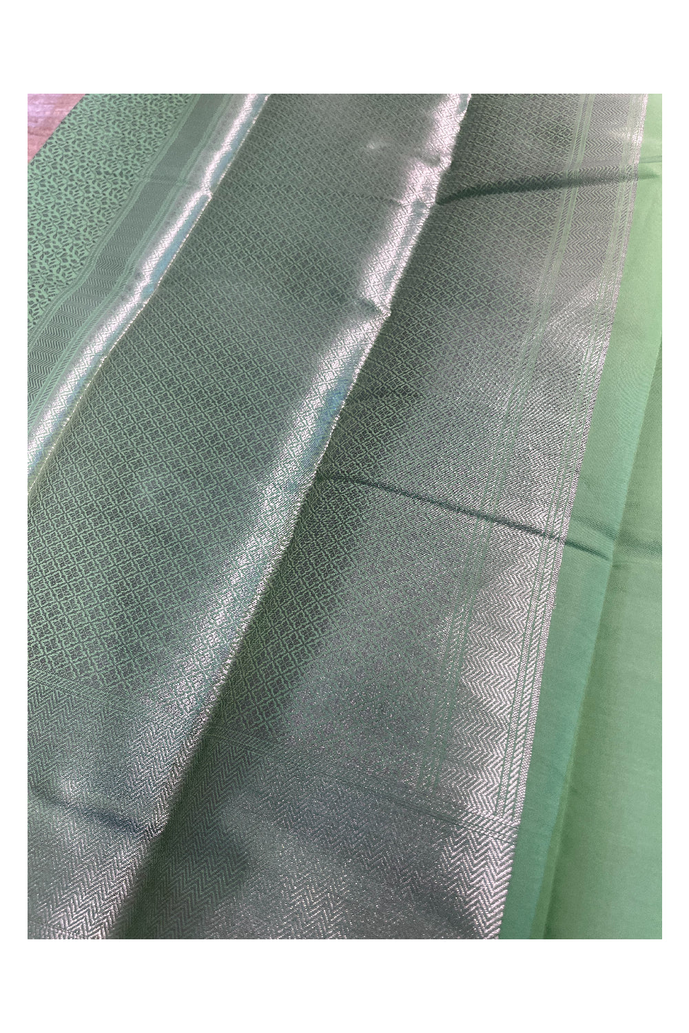 Southloom Banarasi Silver Zari Brocade Work Silk Saree in Green Pastel Shade