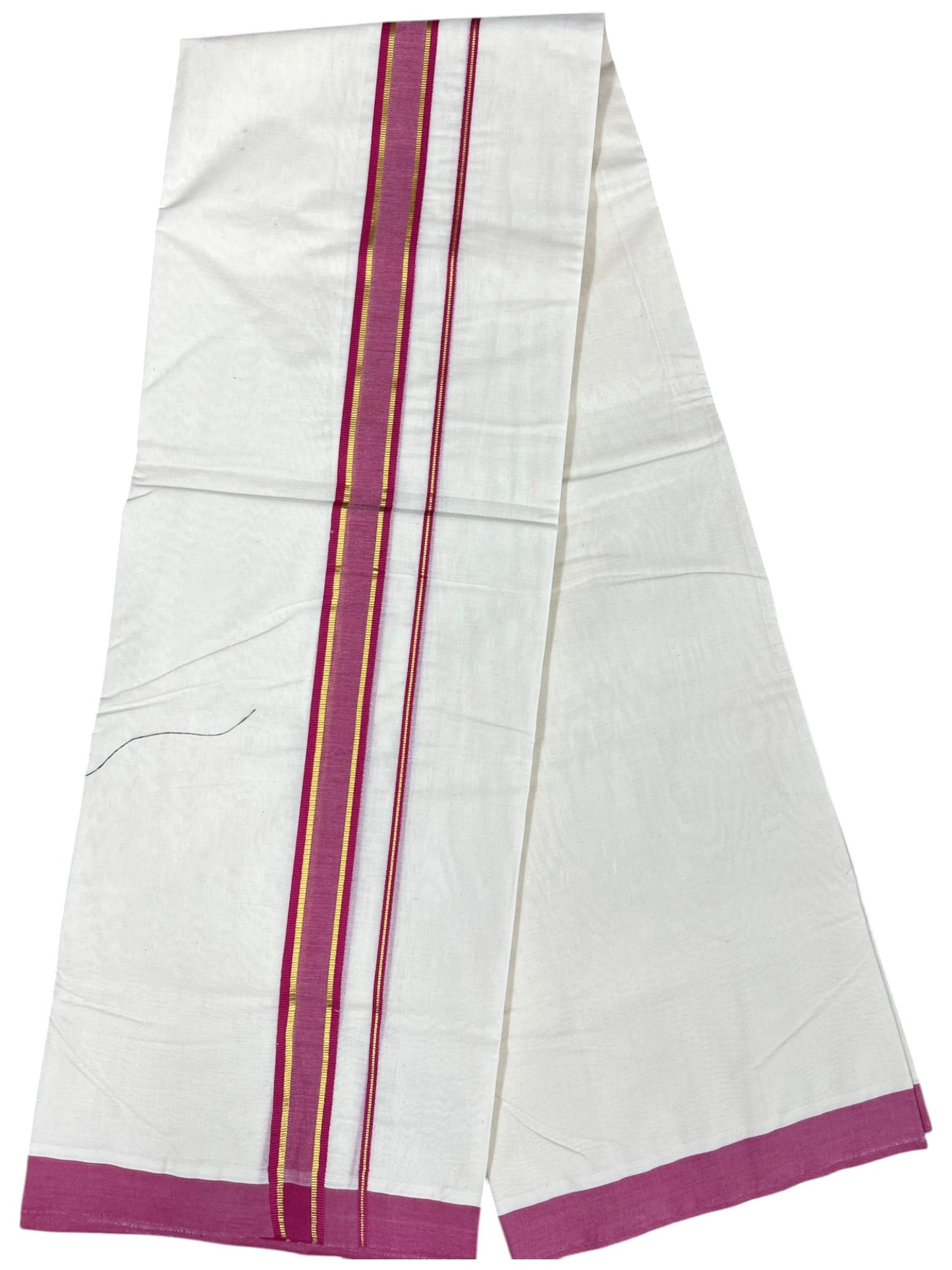 Southloom Pure Cotton Mundu with Gold Lines and Pink Border (South Indian Kerala Dhoti)