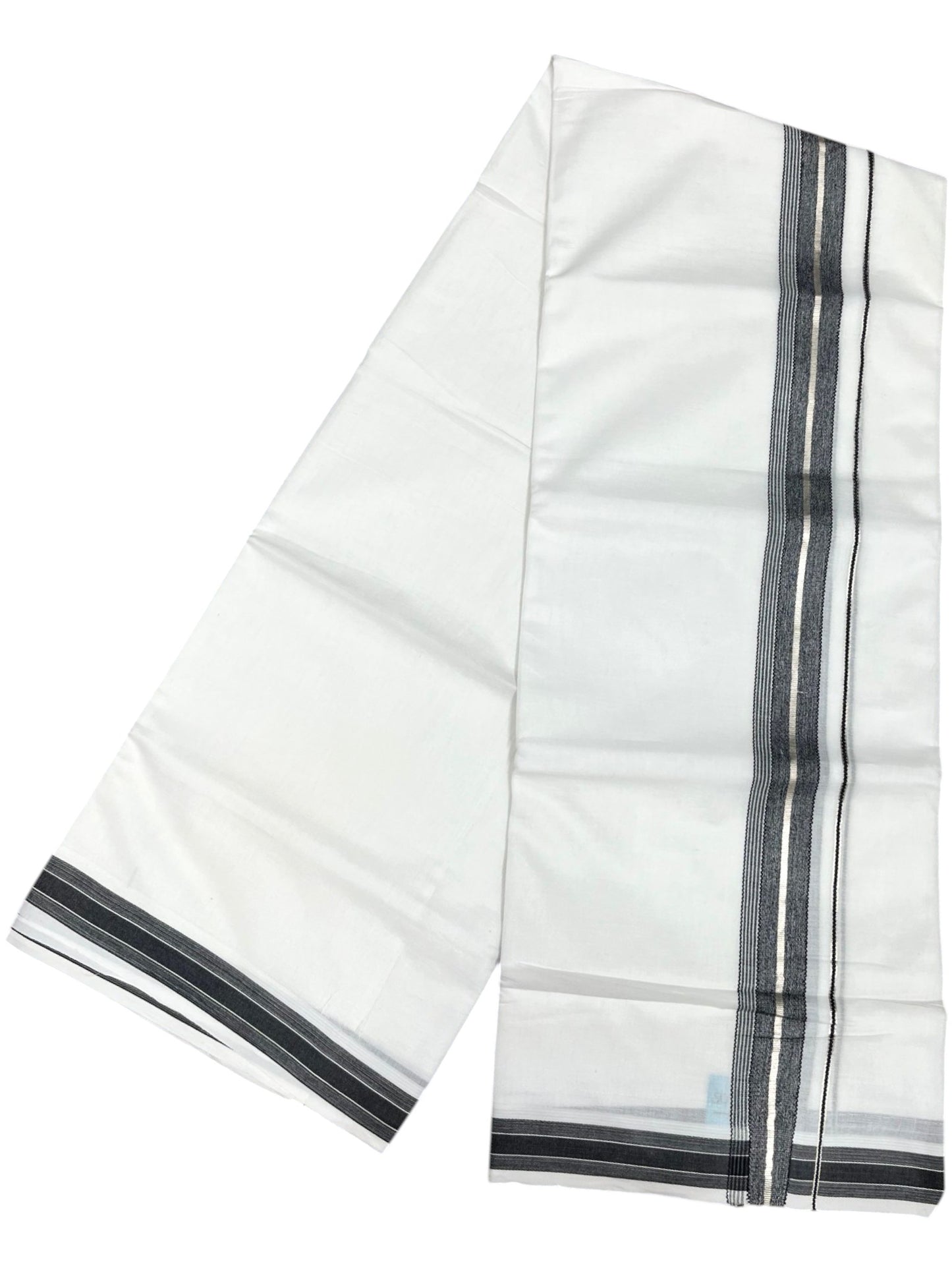 Southloom Kerala Pure White Cotton Double Mundu with Silver Line & Black Border (South Indian Dhoti)