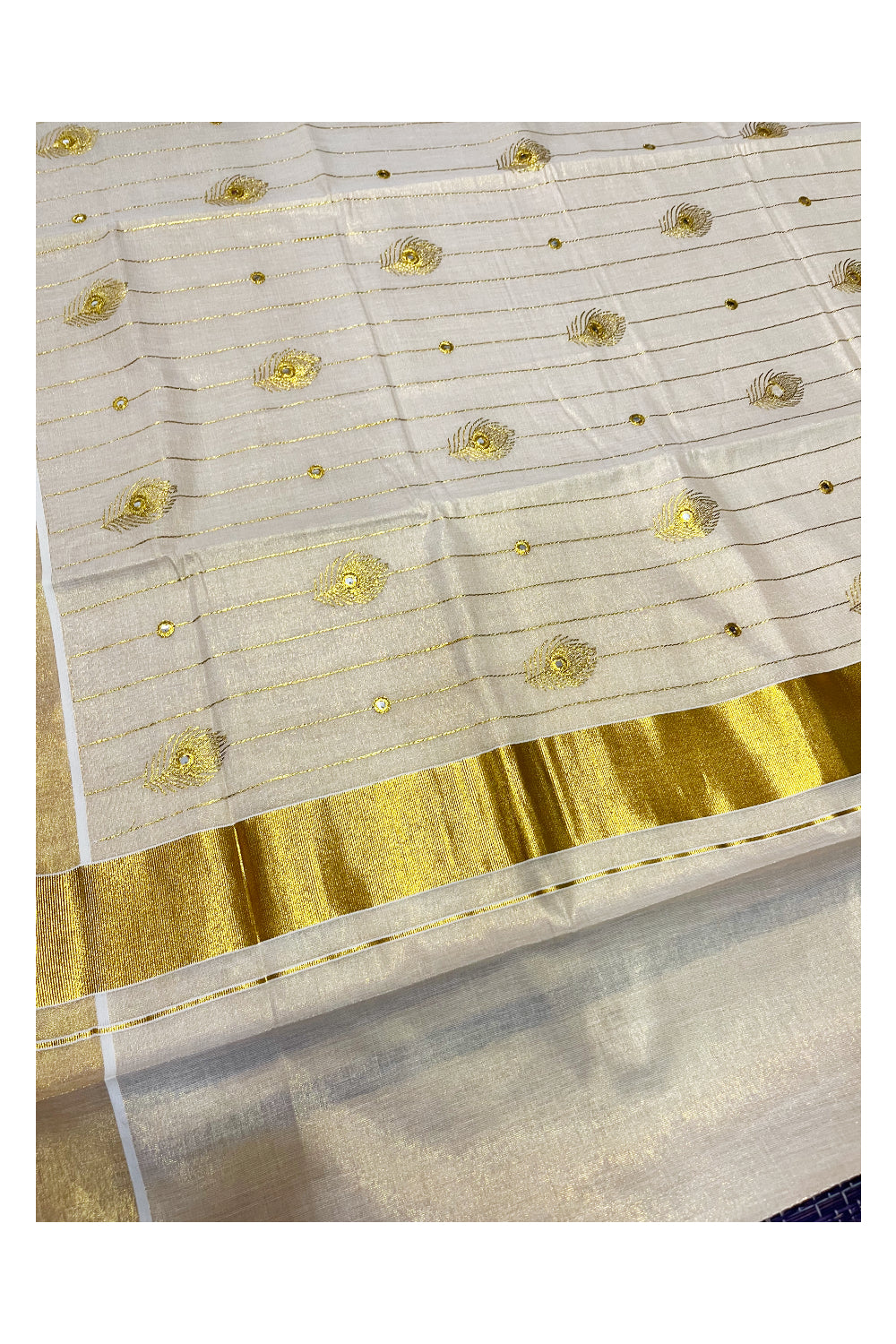 Kerala Tissue Kasavu Lines Saree with Feather Embroidary Works On Body