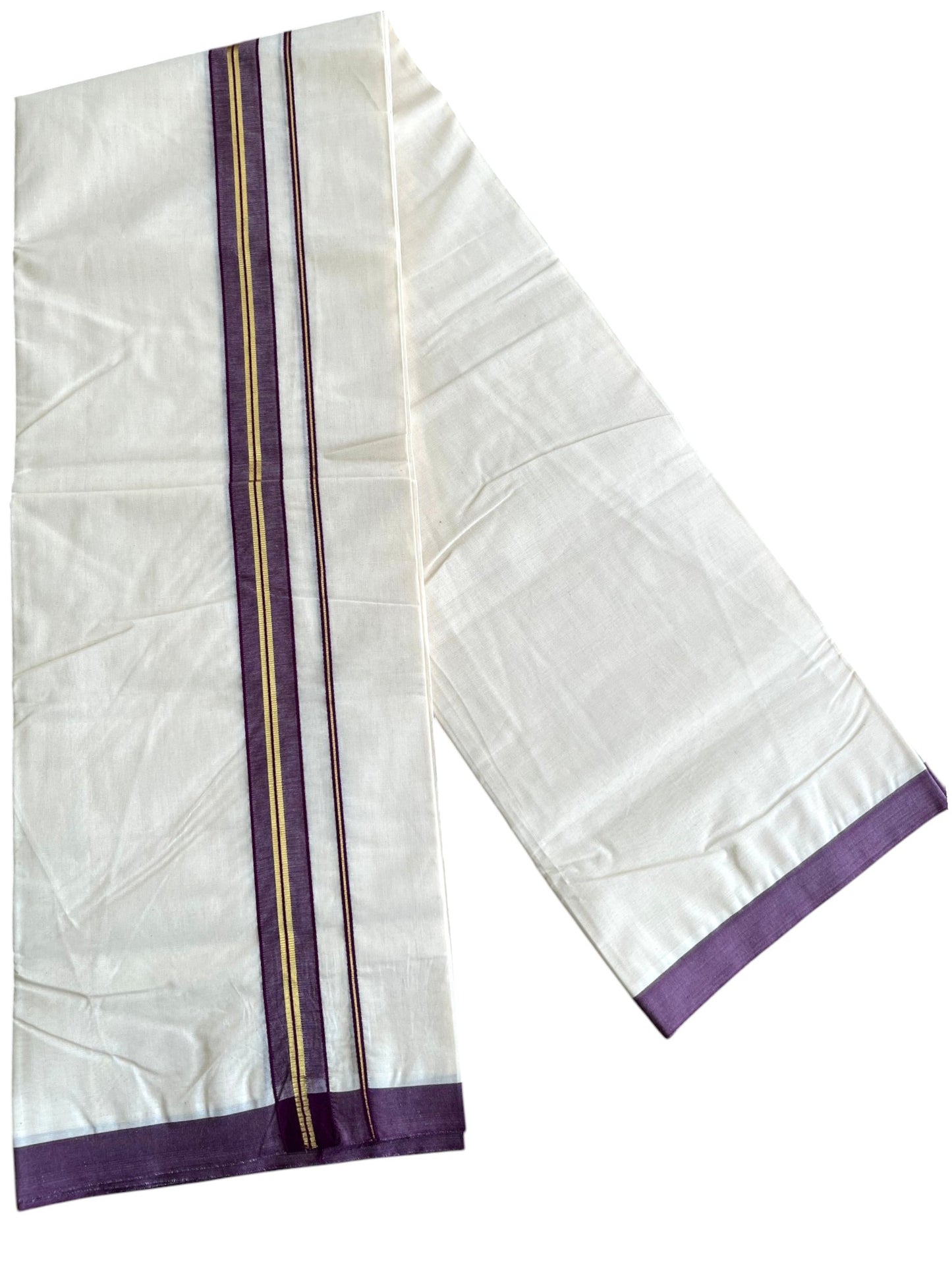 Southloom Pure Cotton Mundu with Golden Lines and Purple Border (South Indian Kerala Dhoti)