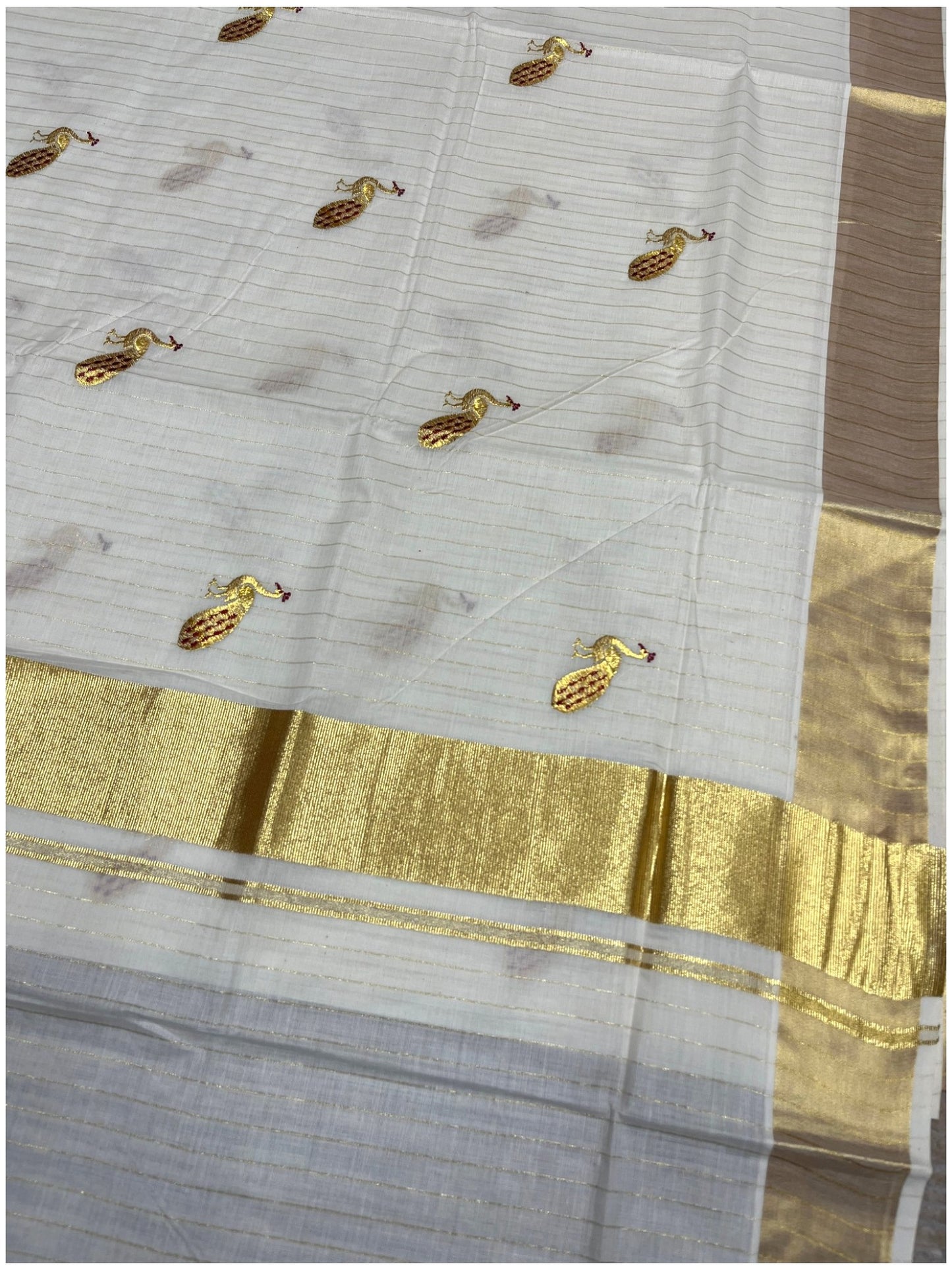 Southloom Cotton Kerala Kasavu Lines Saree with Peacock Embroidery Work on Body in Maroon