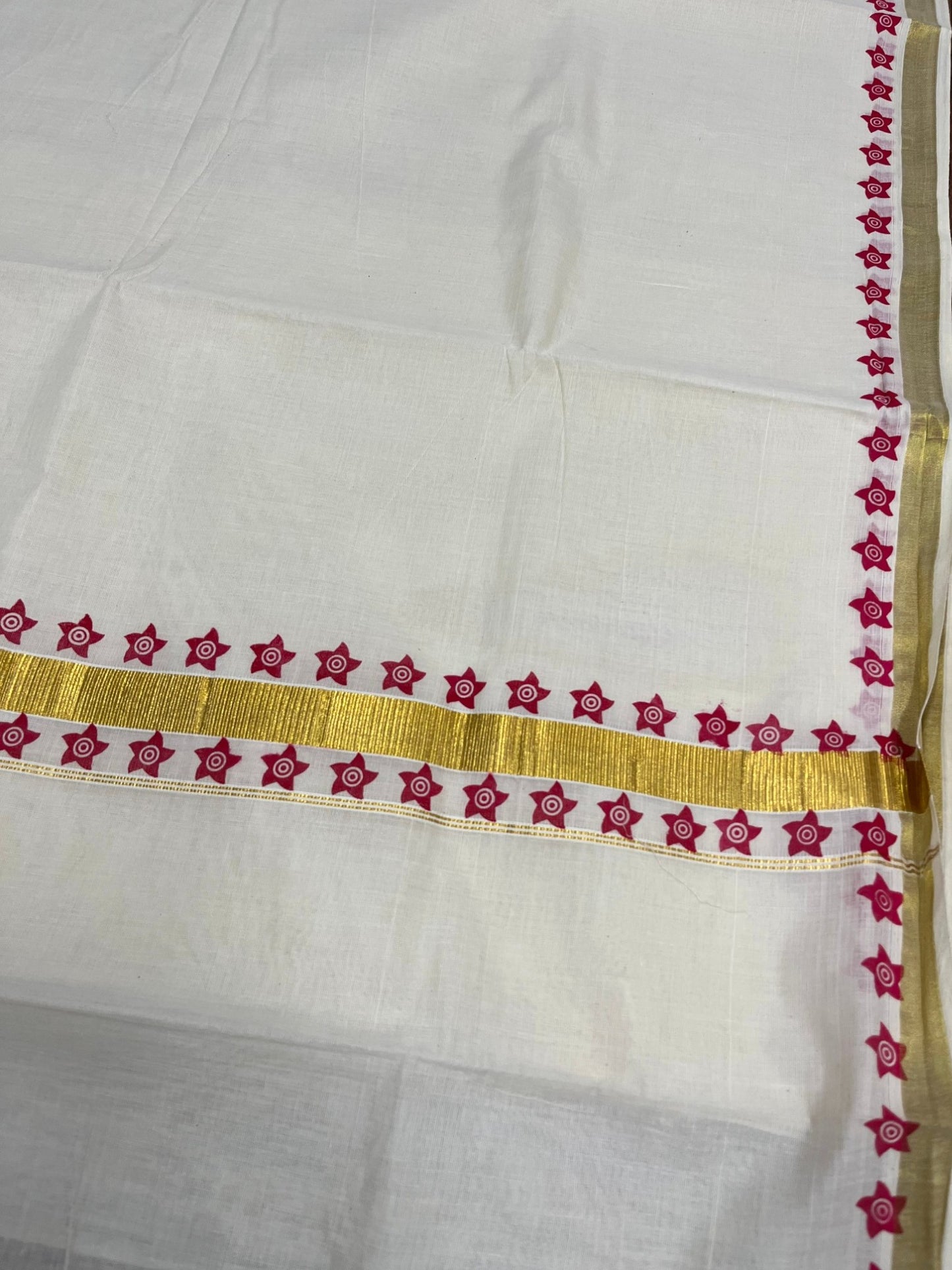 Southloom Cotton Kerala Kasavu Saree with Block Printed Design on Borders and Kara