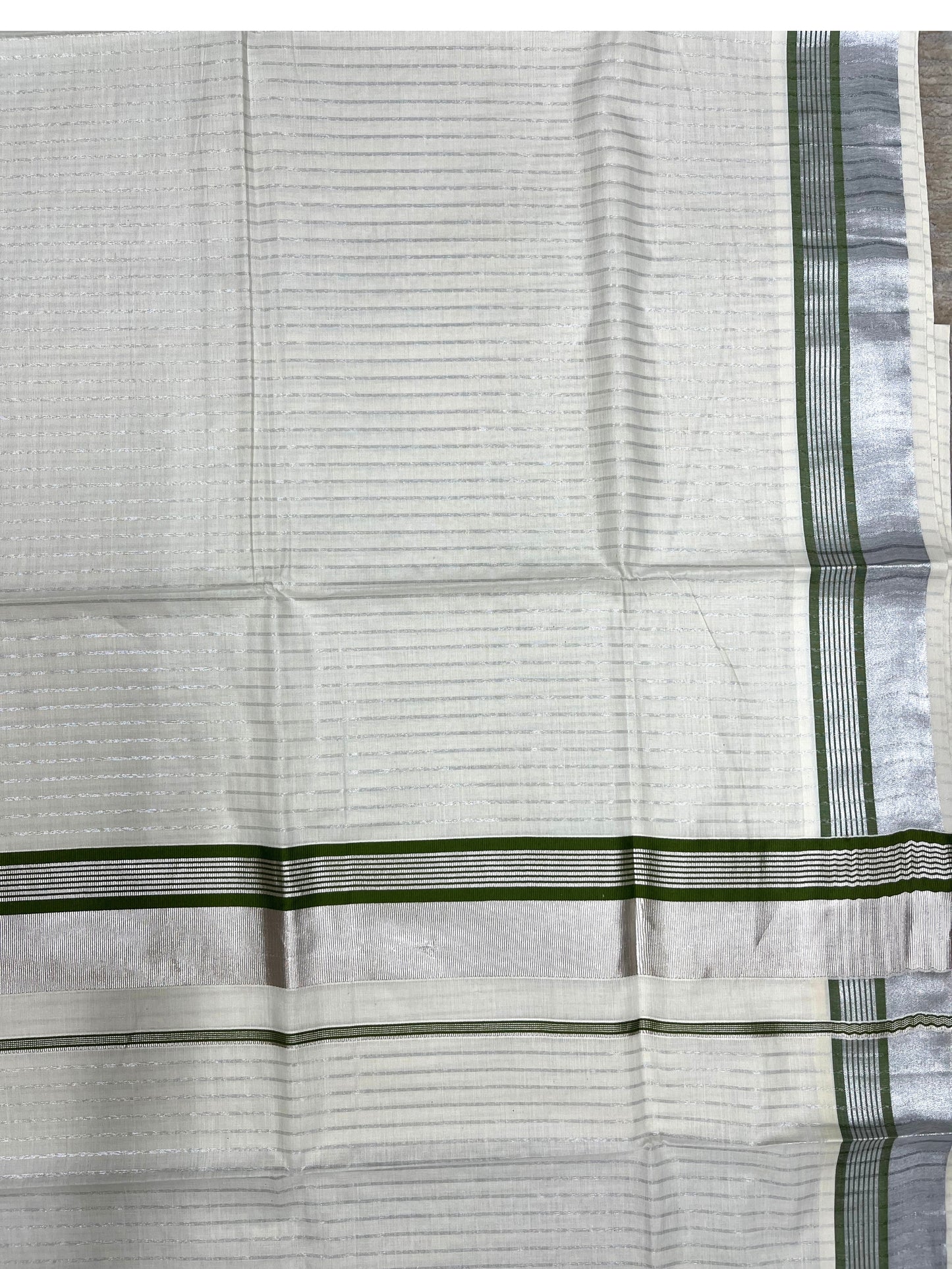 Southloom Pure Cotton Kerala Silver Kasavu Lines Saree with Olive Green and Silver Border