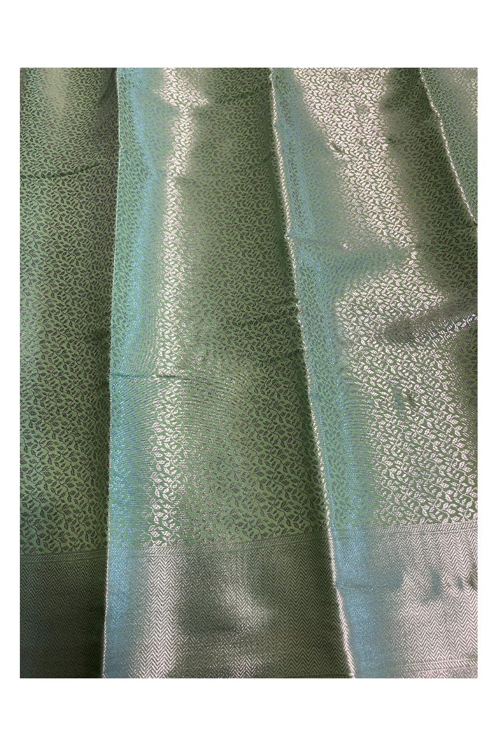 Southloom Banarasi Silver Zari Brocade Work Silk Saree in Green Pastel Shade