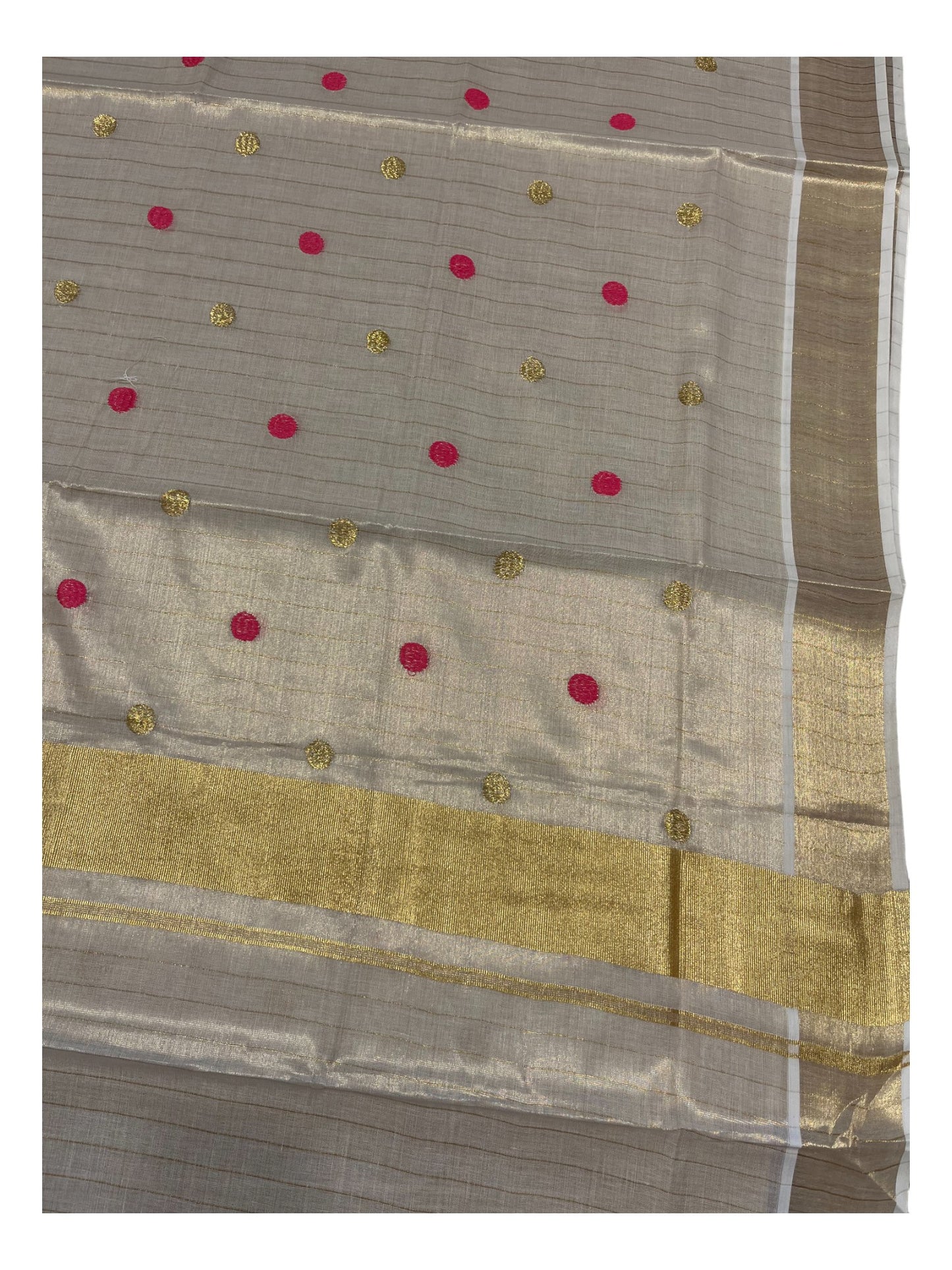 Southloom Kerala Tissue Kasavu Saree with Gold& Pink Polka Embroidery Works on Body