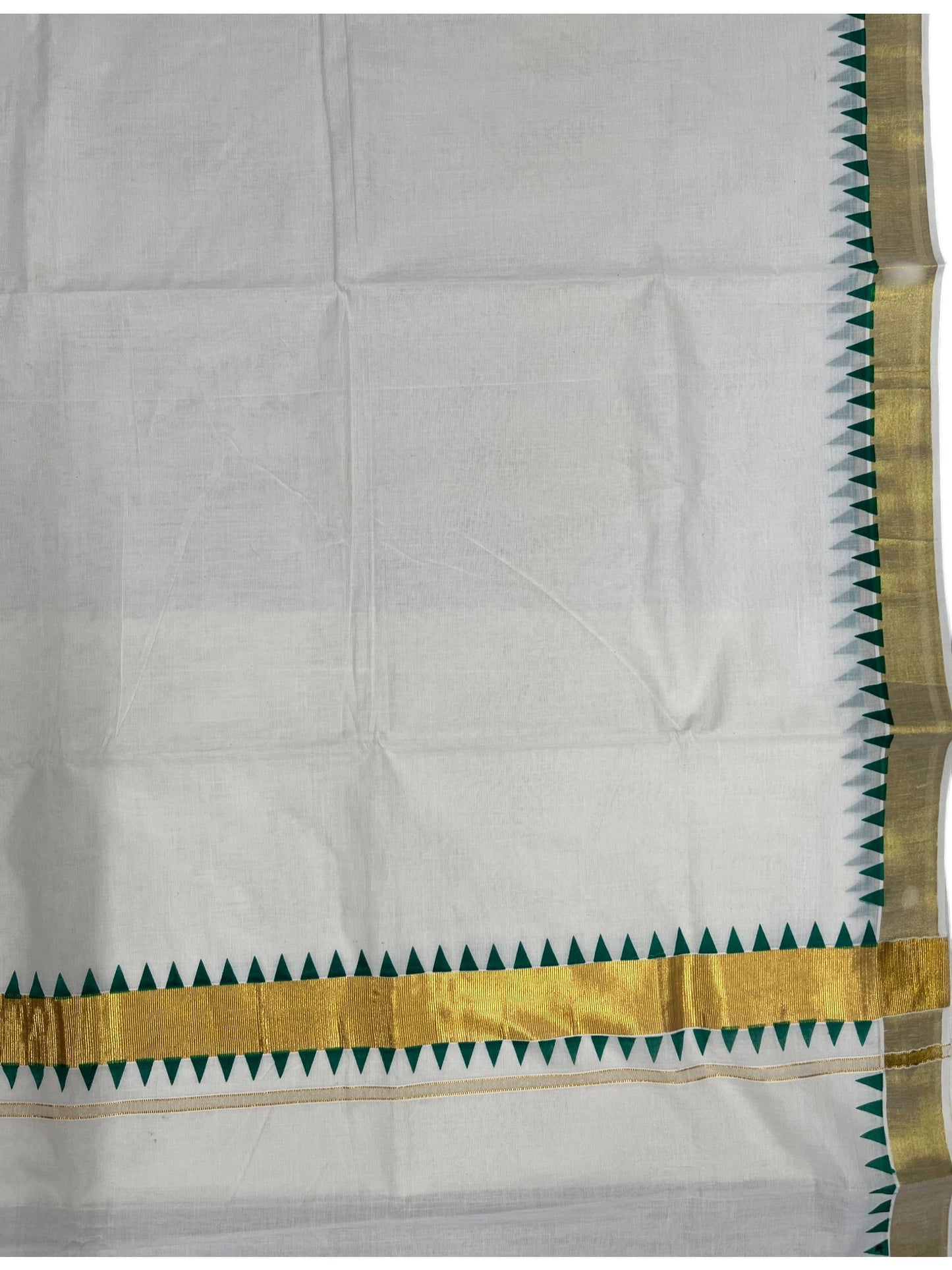 Southloom Cotton Kerala Kasavu Saree with Green Tample Design Border