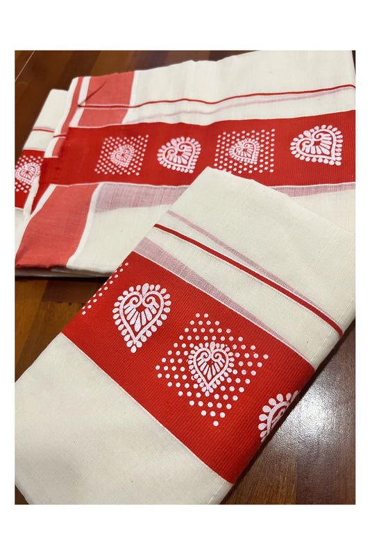 Kerala Cotton Single Set Mundu (Mundum Neriyathum) with Block Prints in Orange Border