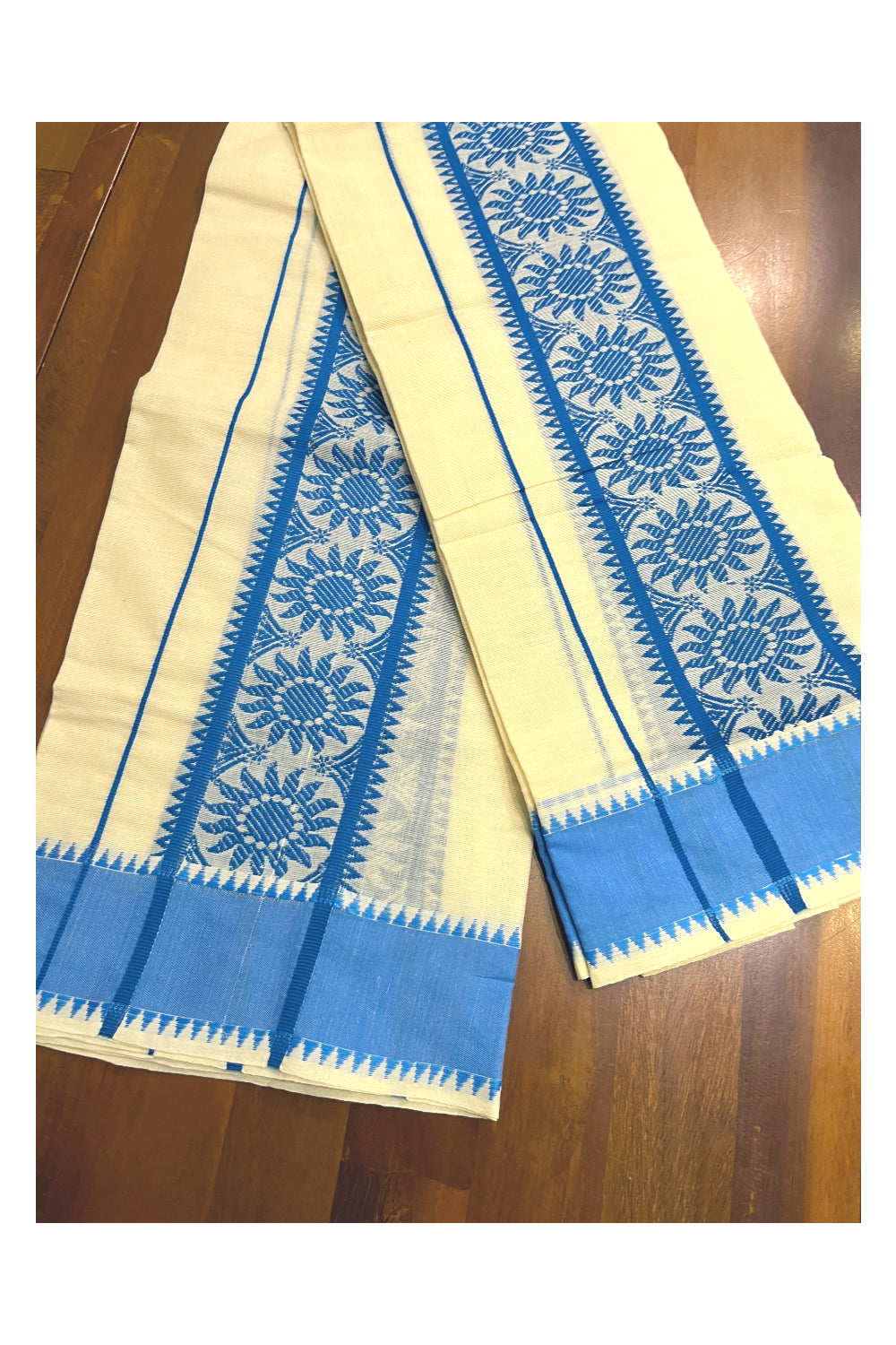 Kerala Cotton Single Set Mundu (Mundum Neriyathum) with Sky Blue Woven Designs on Border - 2.80Mtrs