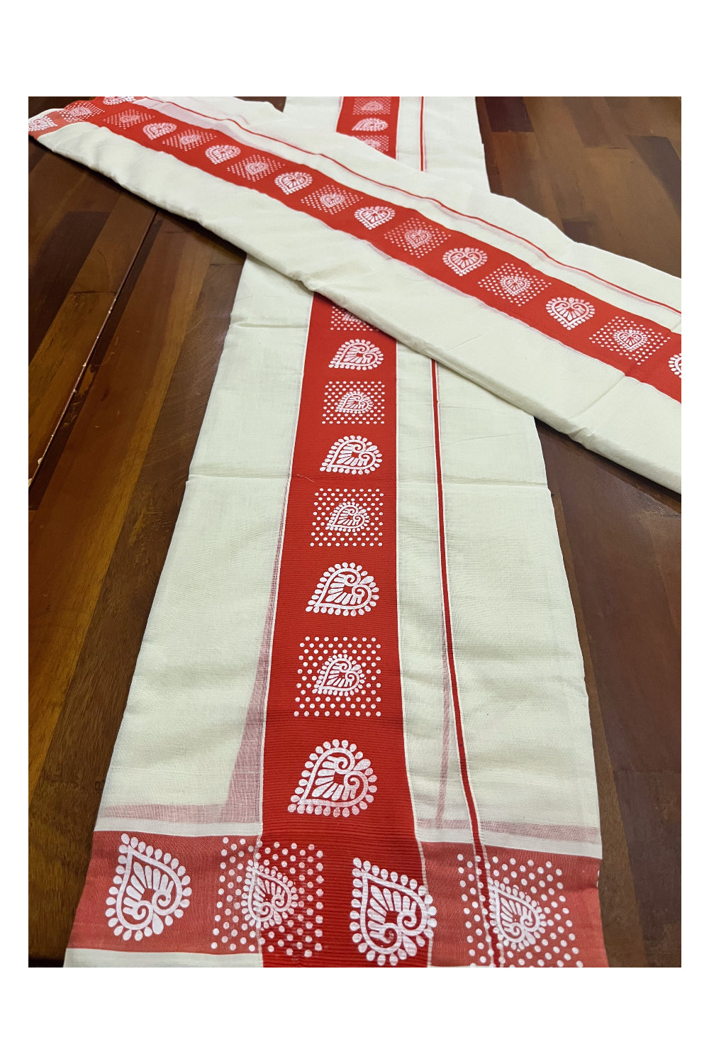 Kerala Cotton Single Set Mundu (Mundum Neriyathum) with Block Prints in Orange Border