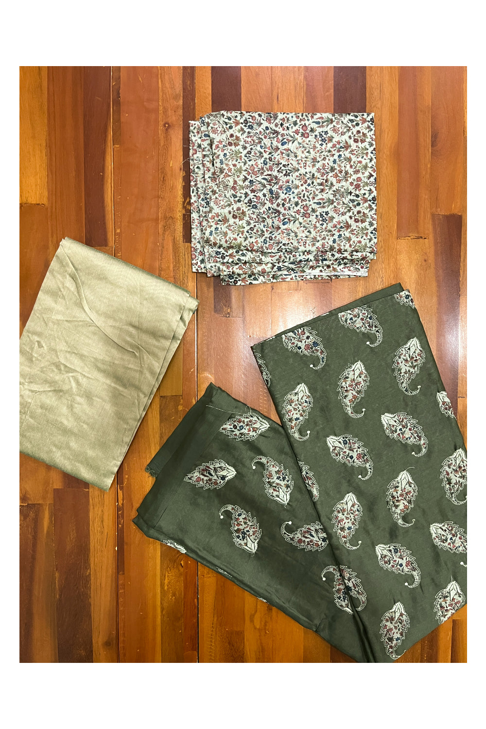 Southloom™ Semi Tussar Churidar Salwar Suit Material in Green with Thread Works