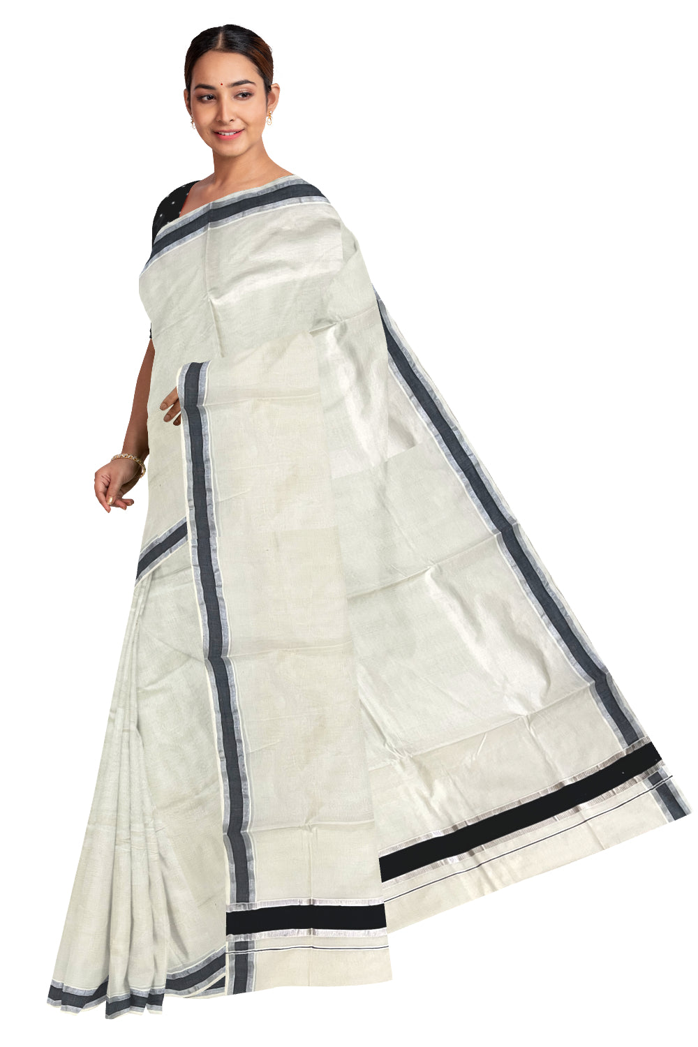 Pure Cotton Kerala Saree with Black and Silver Kasavu Border