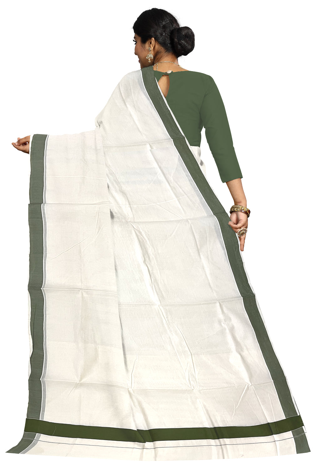 Southloom Pure Cotton Kerala Plain Saree with Olive Green 2x2 Border
