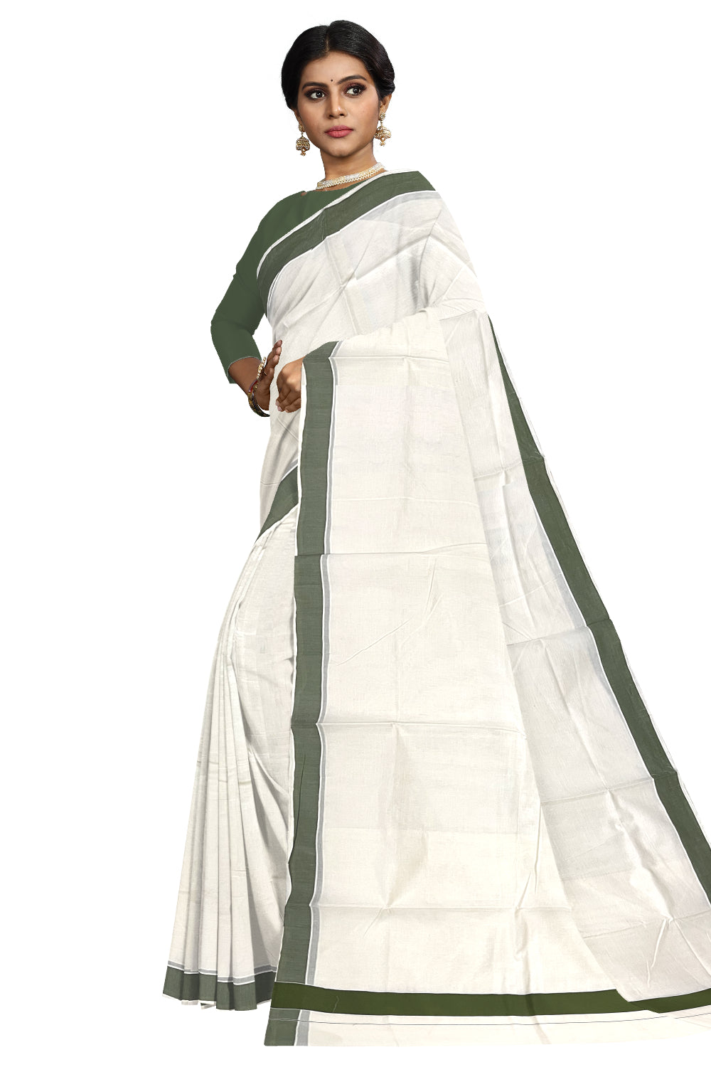 Southloom Pure Cotton Kerala Plain Saree with Olive Green 2x2 Border