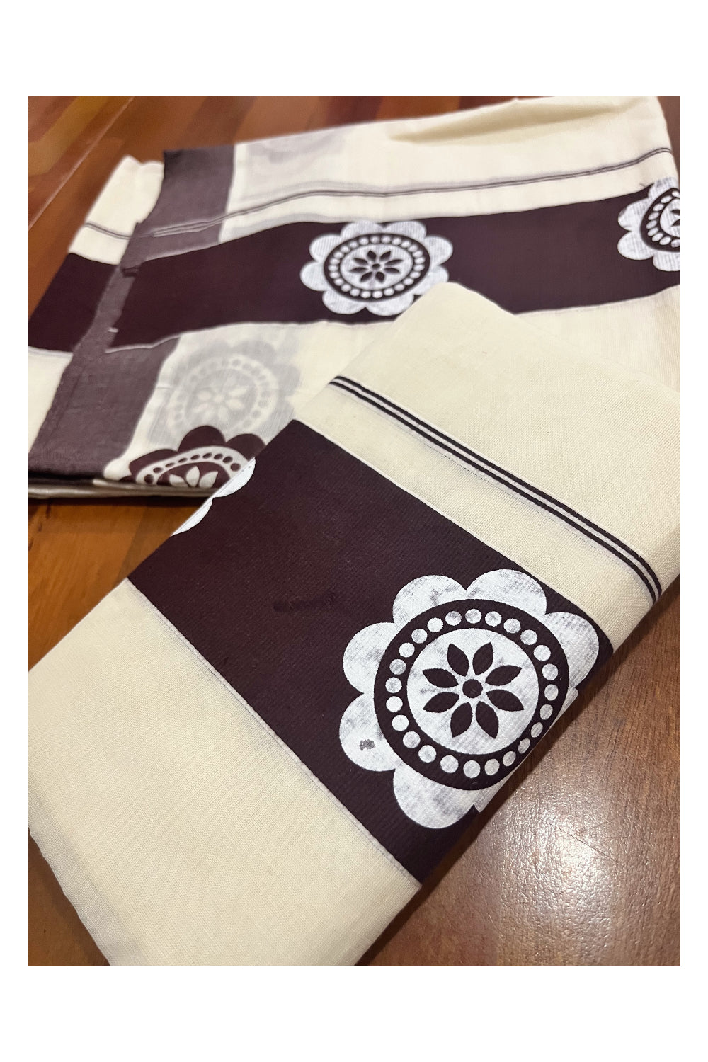 Kerala Cotton Single Set Mundu (Mundum Neriyathum) with Block Prints in Brown Border