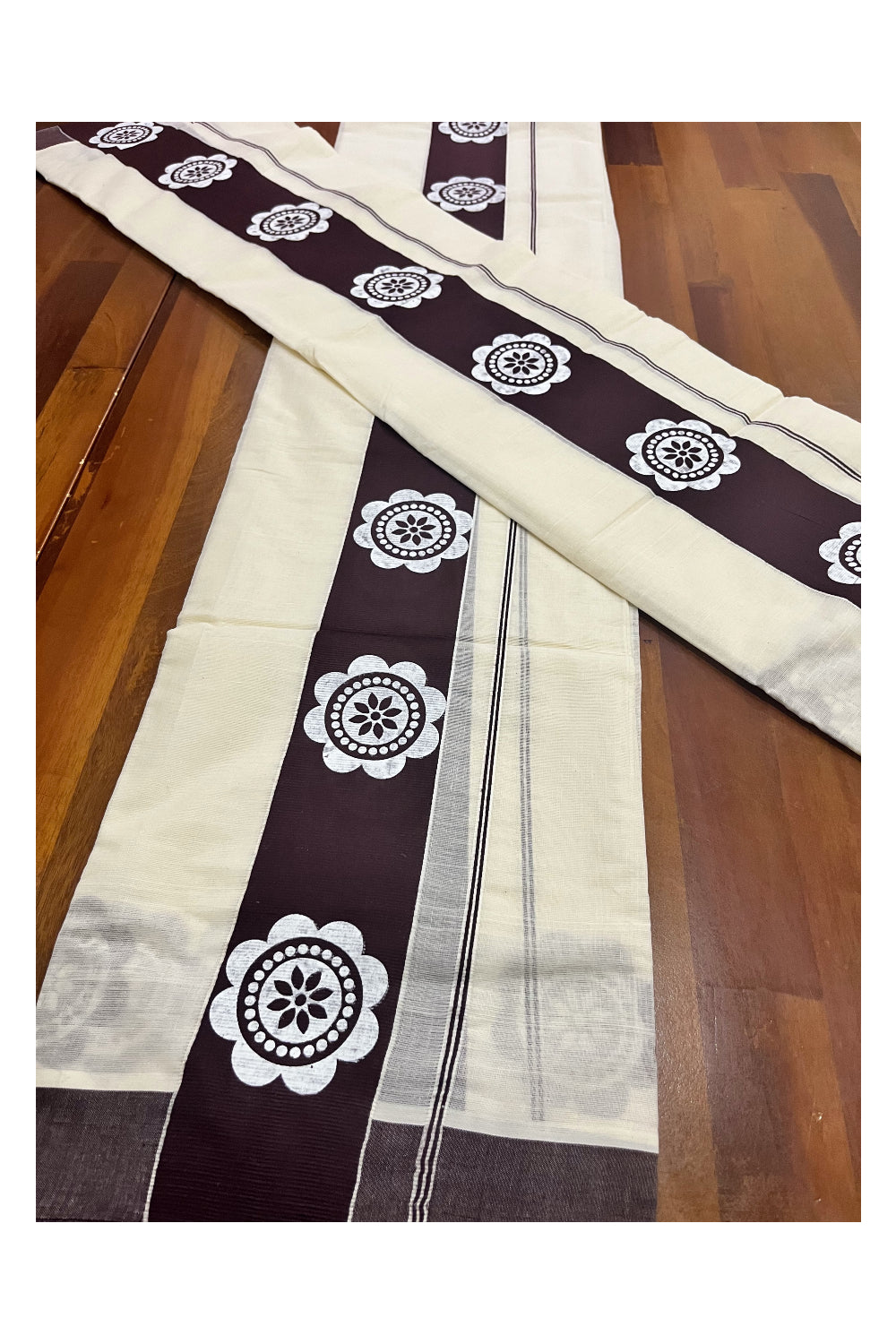 Kerala Cotton Single Set Mundu (Mundum Neriyathum) with Block Prints in Brown Border