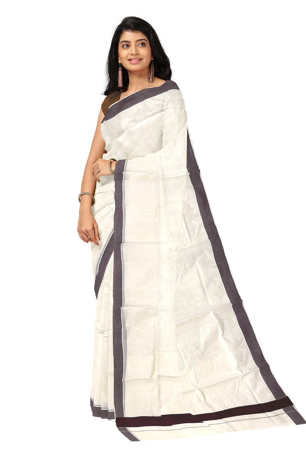 Southloom Pure Cotton Kerala Plain Saree with Brown 2x2 Border