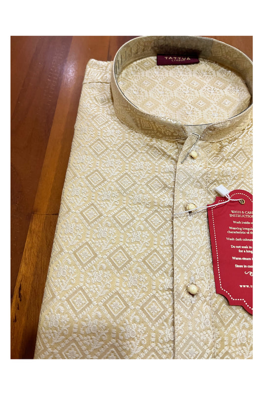 Southloom Off White Woven Patterns Semi Silk Short Kurta for Men
