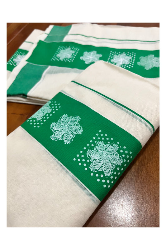 Kerala Cotton Single Set Mundu (Mundum Neriyathum) with Block Prints in Green Border