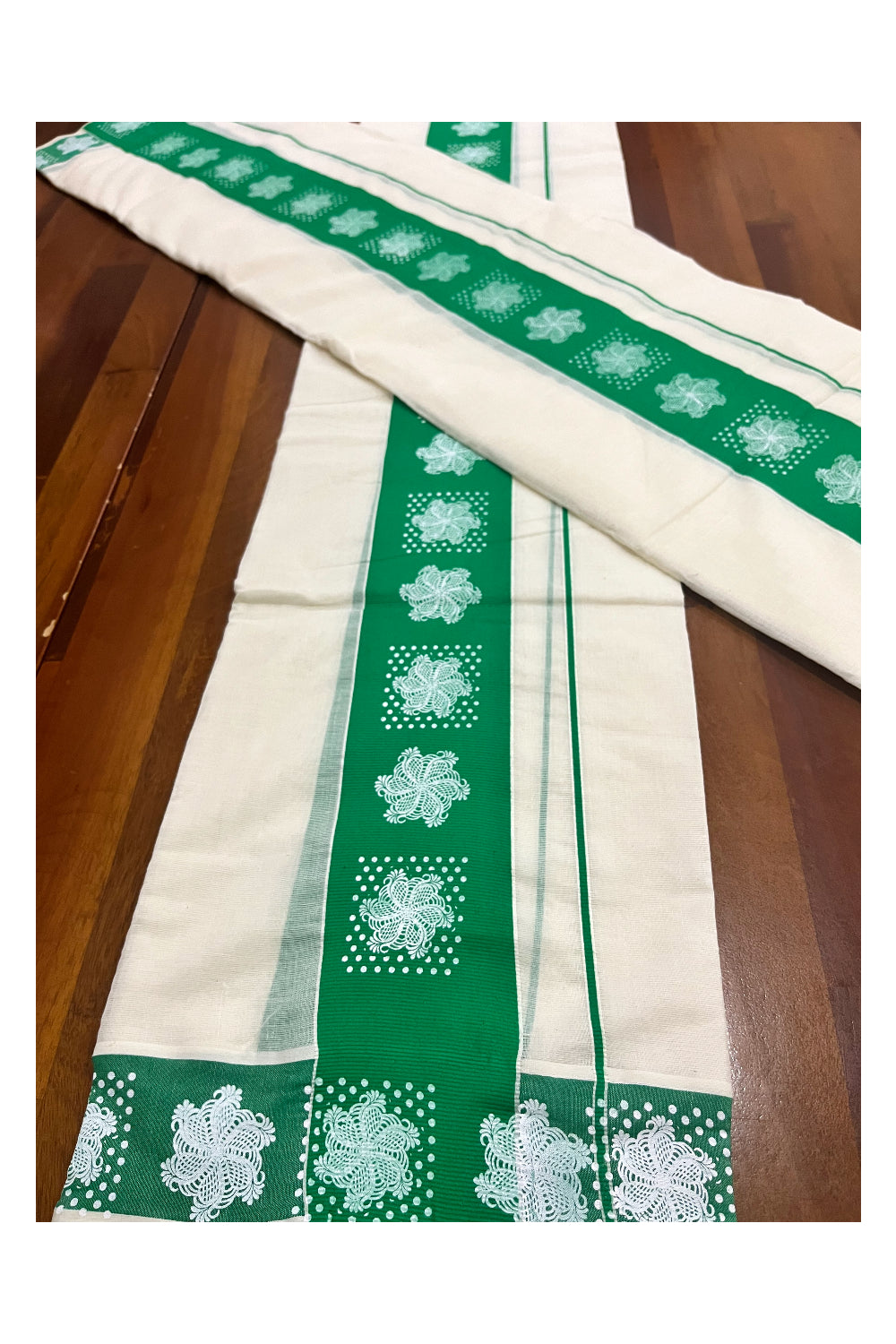 Kerala Cotton Single Set Mundu (Mundum Neriyathum) with Block Prints in Green Border