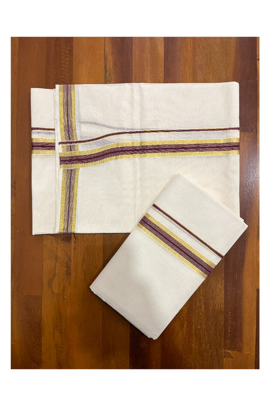 Southloom Pure Cotton Kerala Single Set Mundu (Mundum Neriyathum) with Purple Kasavu Border 2.80 Mtrs SLKK