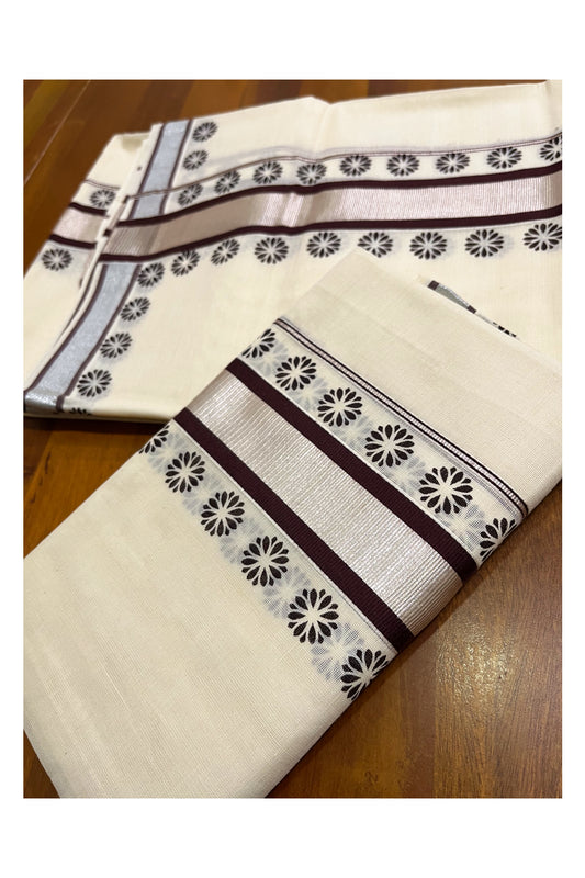 Mundum Neriyathum Single (Set Mundu) with Block Prints on Silver Kasavu and Brown Border