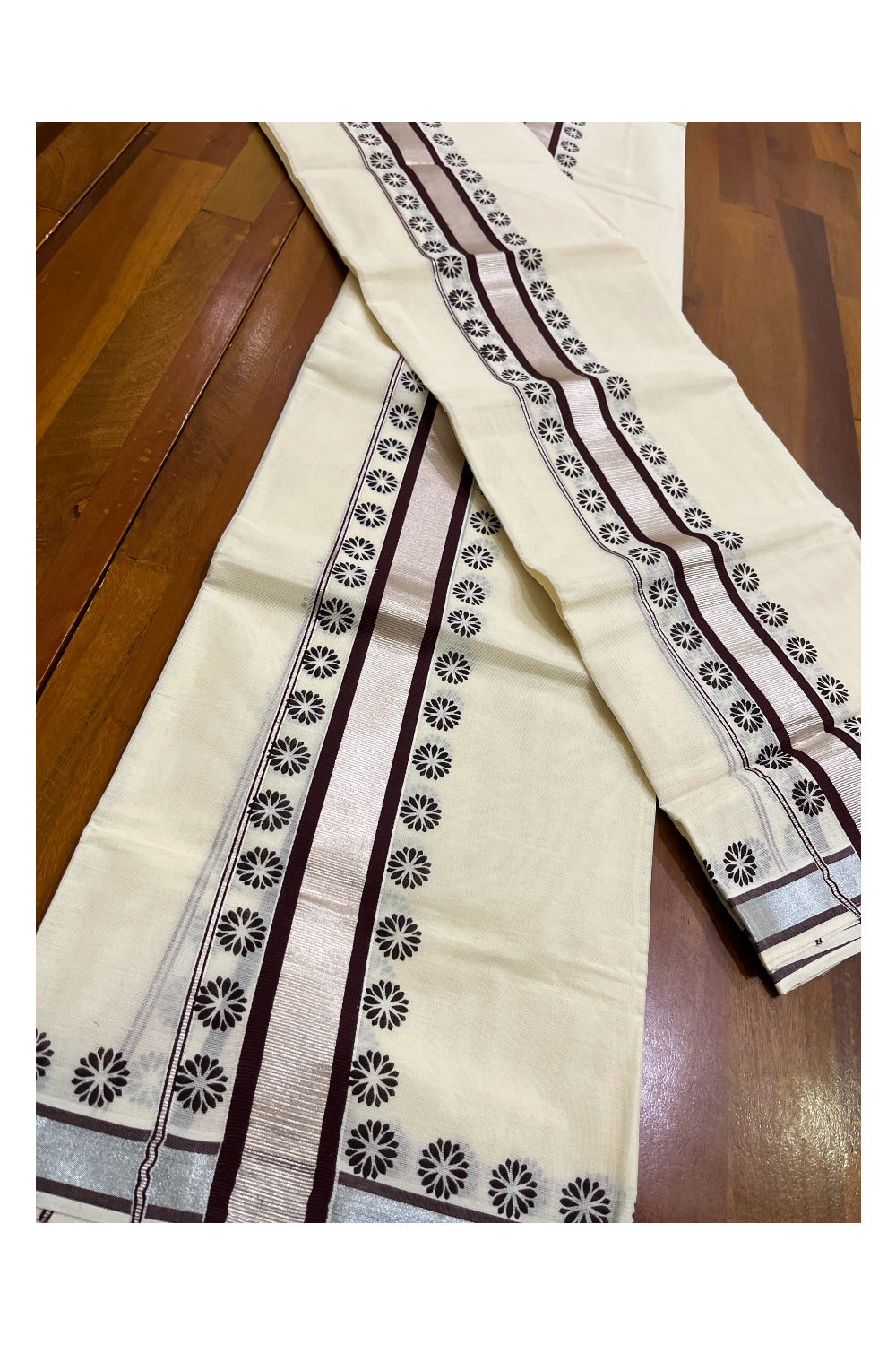 Mundum Neriyathum Single (Set Mundu) with Block Prints on Silver Kasavu and Brown Border