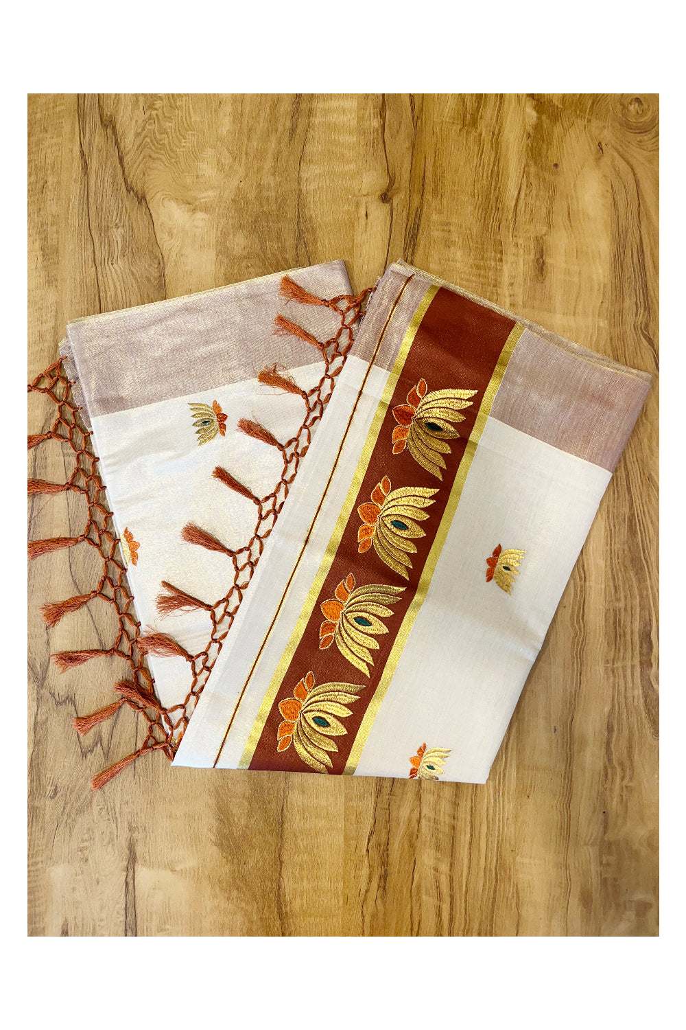 Southloom Kerala Tissue Kasavu Saree with Brown And Golden Lotus Embroidary Works on Body