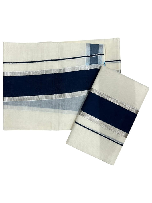 Kerala Cotton Mundum Neriyathum Single (Set Mundu) with Dark Blue and Silver Kasavu Border 2.80 Mtrs SLKK SL498