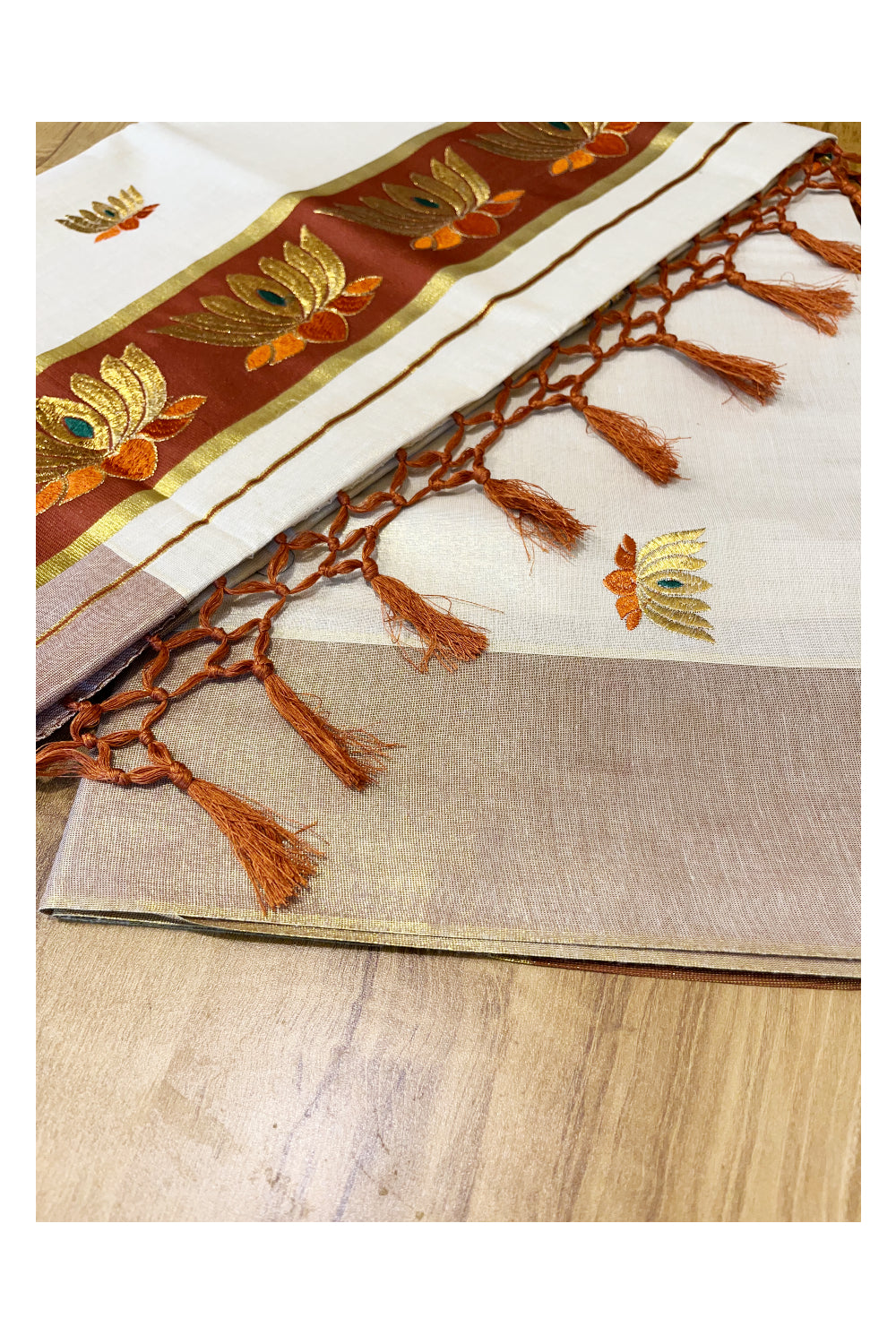 Southloom Kerala Tissue Kasavu Saree with Brown And Golden Lotus Embroidary Works on Body
