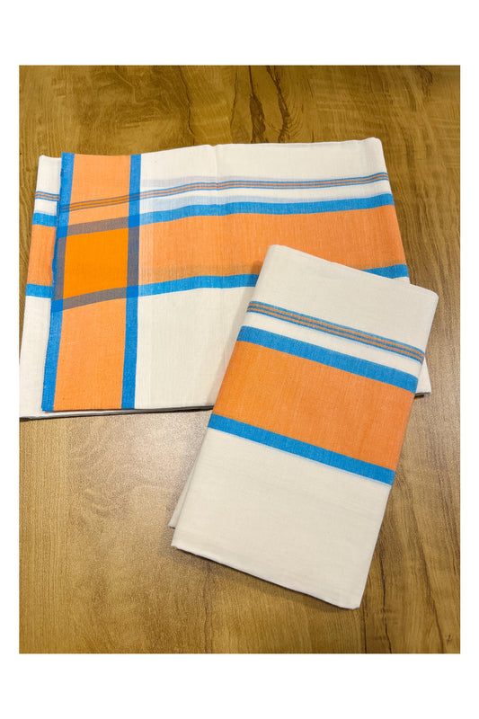 Southloom Mulloth Soft Cotton Blue Orange Border Set Mundu 2.80 Mtrs