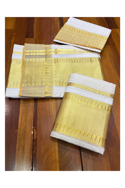 Southloom Super Premium Balaramapuram Handloom Unakkupaavu Cotton Lines Set Mundu (Mundum Neriyathum) With Temple Woven Patterns On Border