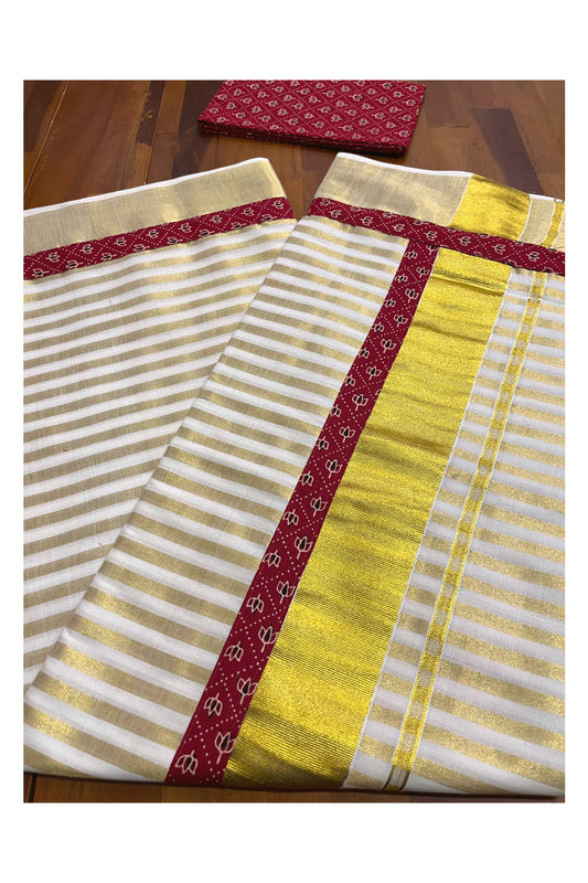 Kerala Pure Cotton Kasavu Striped Saree with Ajrakh Stitched Borders and Matching Blouse Piece