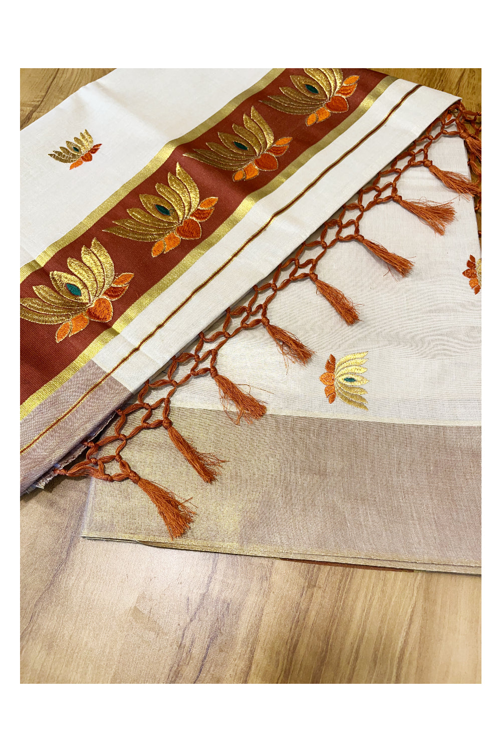 Southloom Kerala Tissue Kasavu Saree with Brown And Golden Lotus Embroidary Works on Body