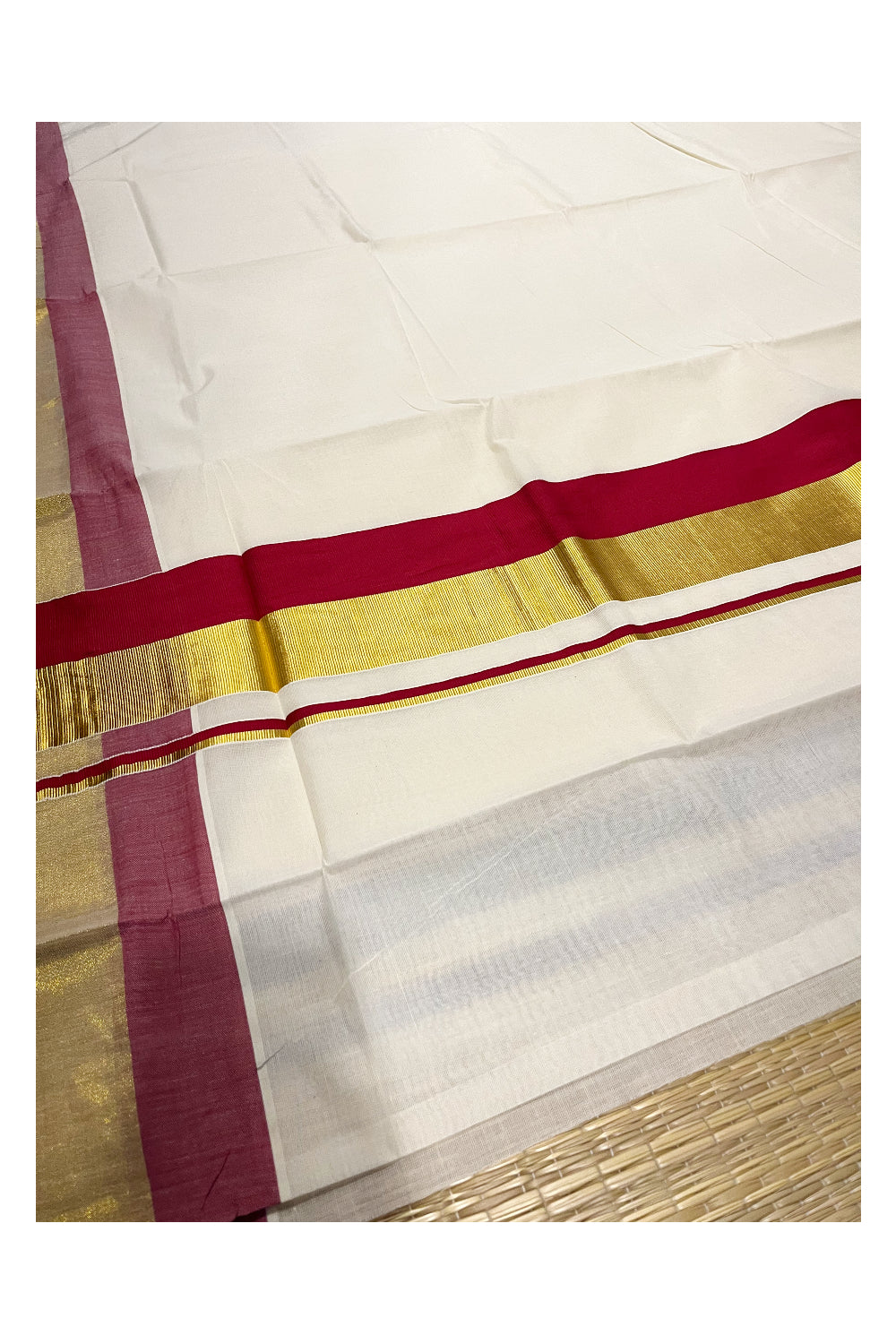 Southloom Pure Cotton Kerala Saree With Kasavu and Red Colour Border