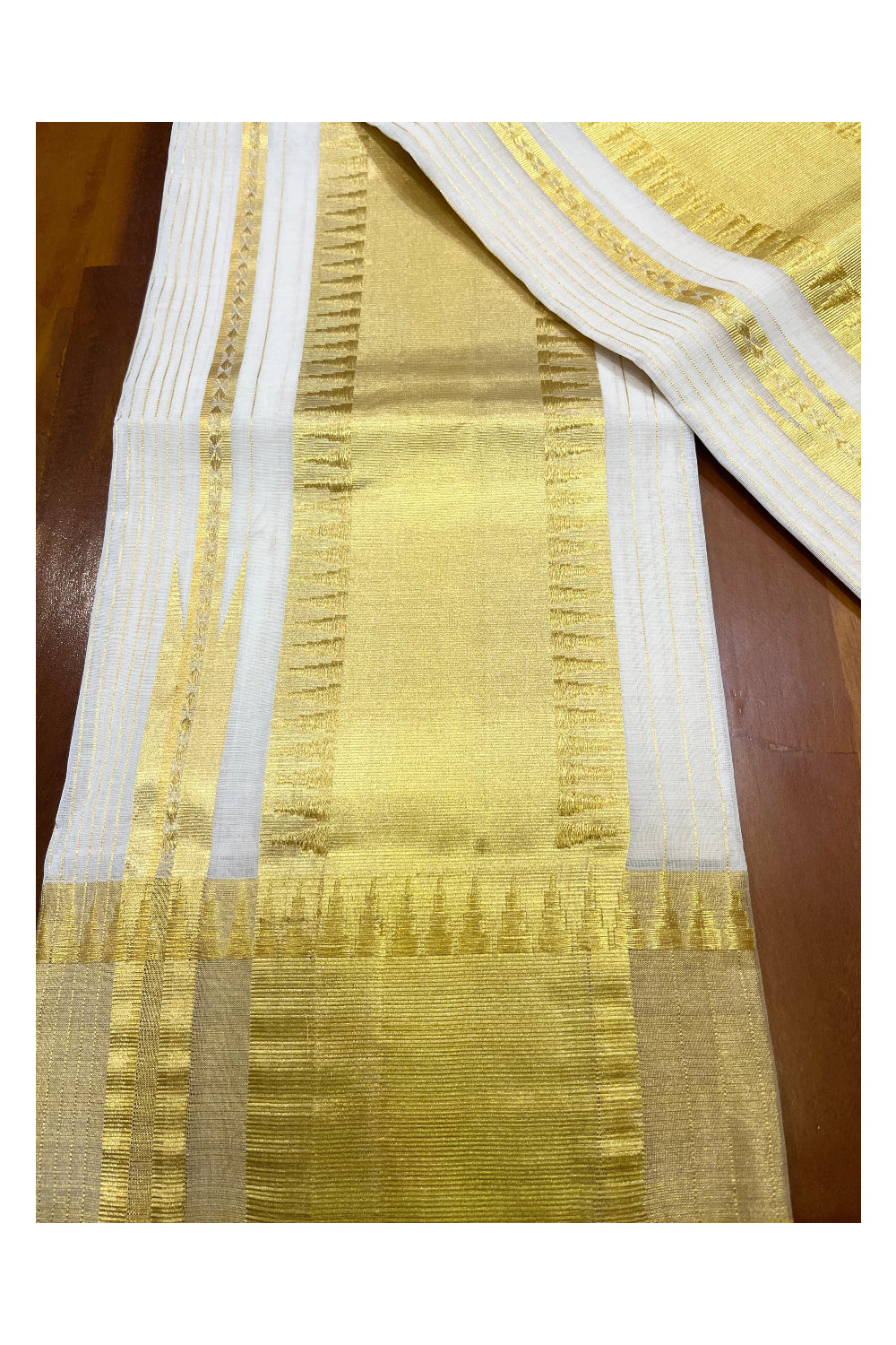 Southloom Super Premium Balaramapuram Handloom Unakkupaavu Cotton Lines Set Mundu (Mundum Neriyathum) With Temple Woven Patterns On Border