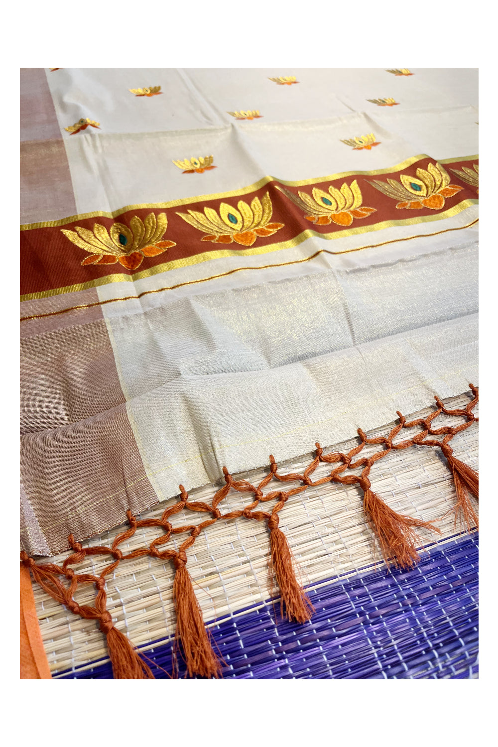 Southloom Kerala Tissue Kasavu Saree with Brown And Golden Lotus Embroidary Works on Body