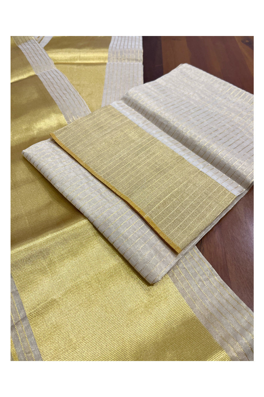 Southloom Super Premium Balaramapuram Handloom Tissue Lines Unakkupaavu Wedding Pudava Set Mundu (with Matching Blouse Piece)