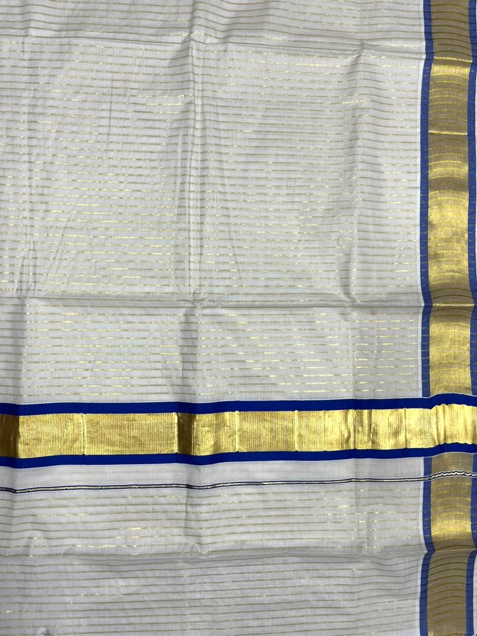 Southloom Pure Cotton Kerala Saree with Gold Kasavu Lines Across Body and Blue Border