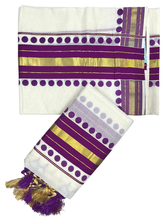 Southloom Kerala Cotton Kasavu Single Set Mundu (Mundum Neriyathum) with Magenta Border With Polka Dots SLKK