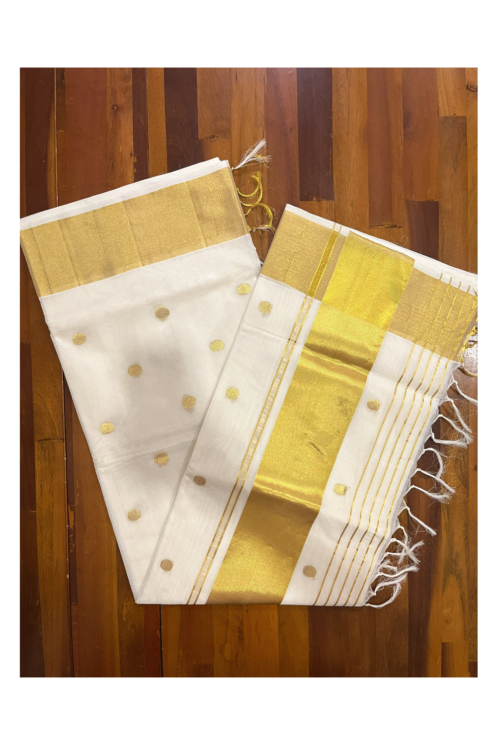Southloom Premium Handloom Cotton Kerala Saree with Golden Polka works on Body